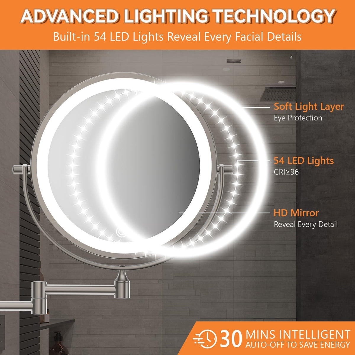 Auxmir 1X/30X Wall Mounted Makeup Mirror, 8" Rechargeable Magnifying Mirror | double-sided button, 3200mAh, 3 dimmable colors, 360° rotation, extended arm, 30X magnification, bathroom, nickel