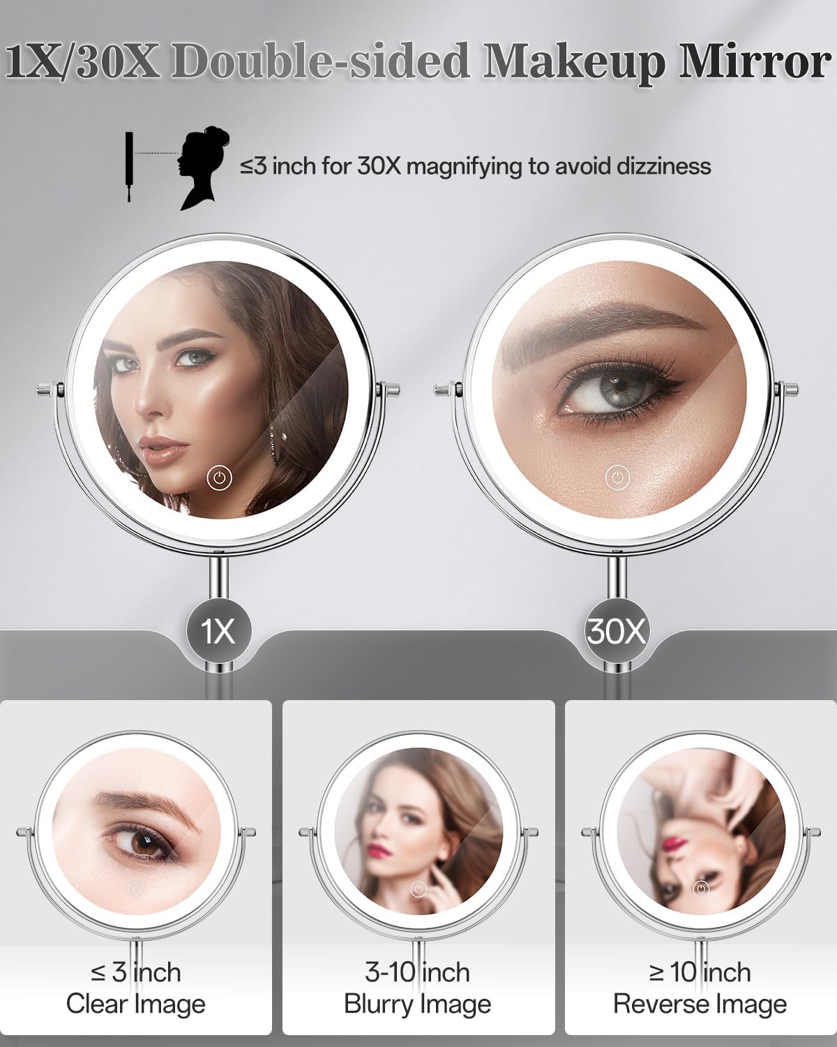 1X/30X 8" Magnifying Makeup Mirror with Lights Height Adjustable for Desk | 3000mAh Rechargeable Lighted Magnifying Mirror Double Sided Vanity Mirrors with 3 LED Lighting Touch Dimmable for Women Gift