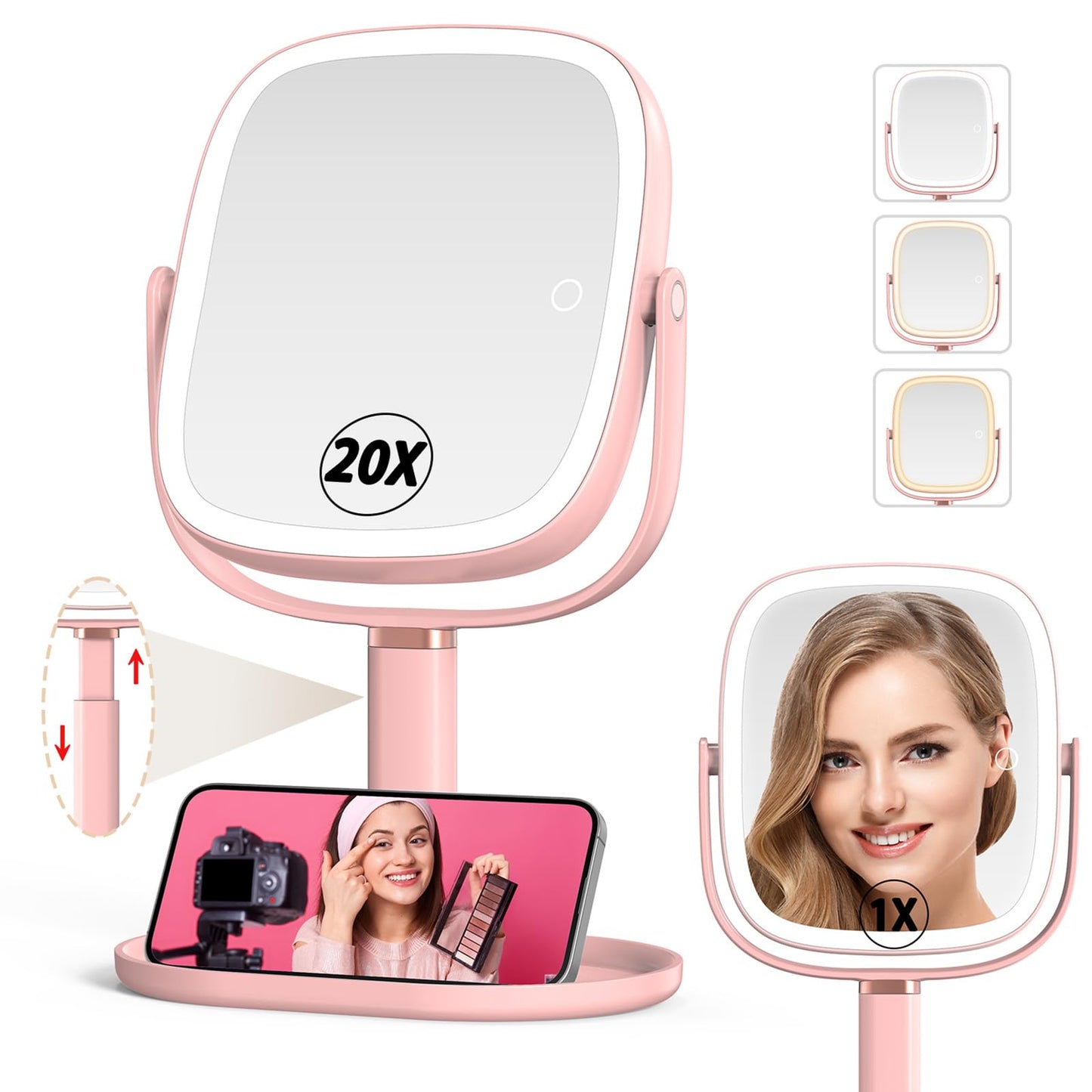 Mocado Makeup Mirror with Lights, 1X/20X Magnifying Mirror with Light | 3 Colors Lights, Phone Holder, 360° Rotation, Height Adjustable, 0-100% Brightness Adjustable, Memory Function (White)
