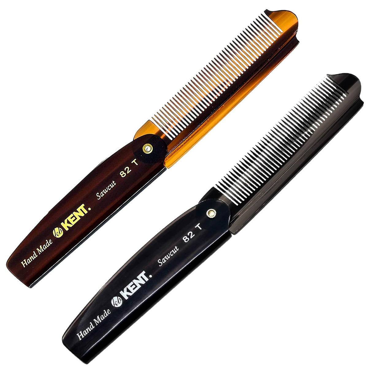 Kent 82T Black Graphite Folding Pocket Comb for Men, Fine Tooth Hair Comb Straightener for Everyday Grooming, Beard or Mustache, Use Dry or with Balms, Saw Cut Hand Polished, Made in England