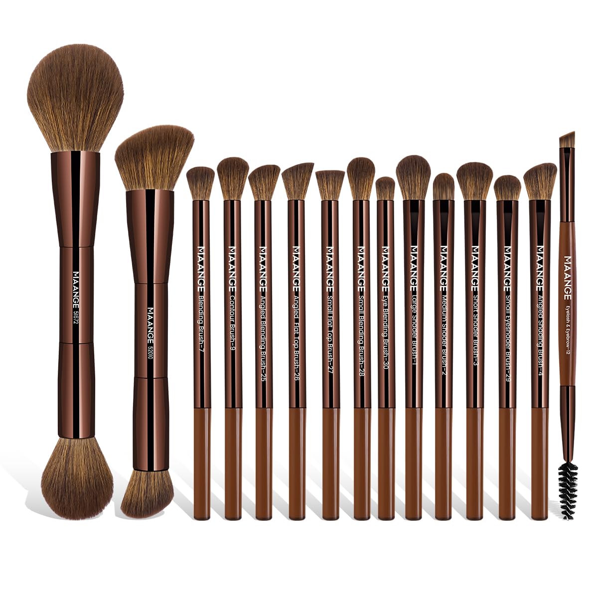 MAANGE 15 PCS Makeup Brushes Double-ended Makeup Brush Set Double Sided Angled/Round Top Brush Foundation Contour Blending Eyebrow Eyeshadow Concealer (Coffee)