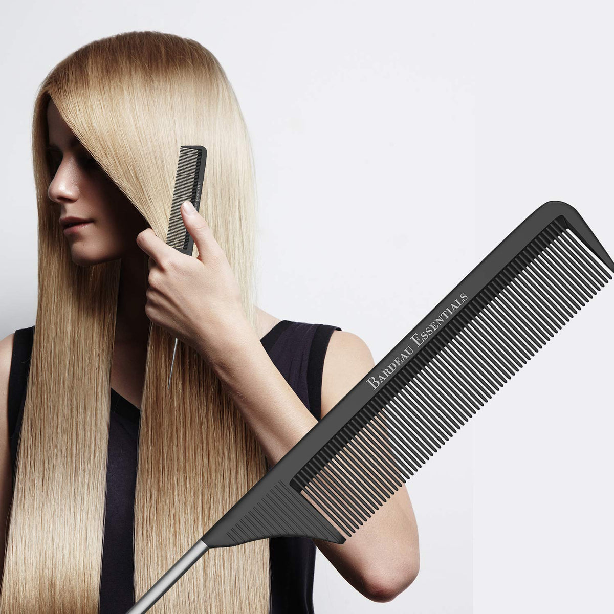 Professional 8.8 Inch Tail Comb (2 Pack) - Black Carbon Fiber And Stainless Steel Tail Comb - Anti Static And Heat Resistant - Lightweight For All Hair Types By Bardeau Essentials