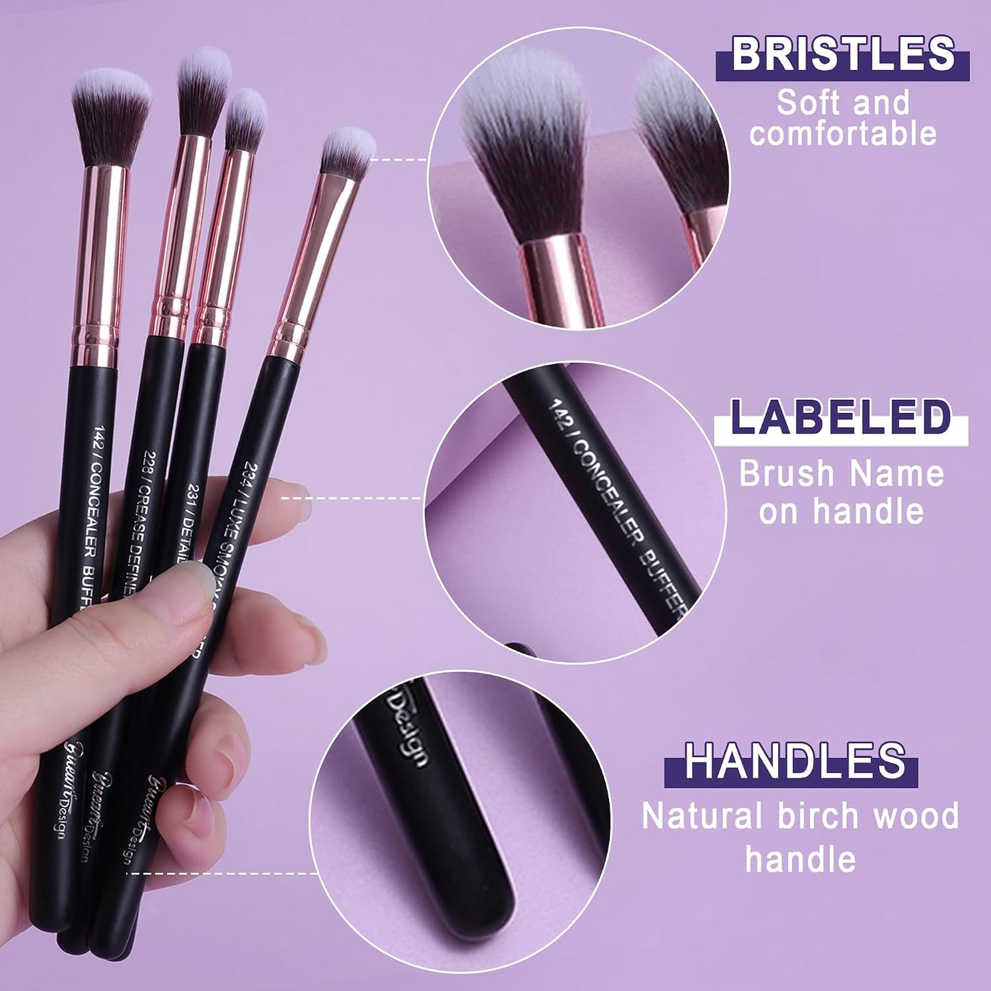 Bueart Design 15Pcs Professional Eye Makeup Brushes Set (Rose Gold &Black) | Ultra-soft Synthetic Bristle,Essential EyeShadow Brush Set with wood Handle for eyeshadow,concealer,eyebrow,eyeliner blending