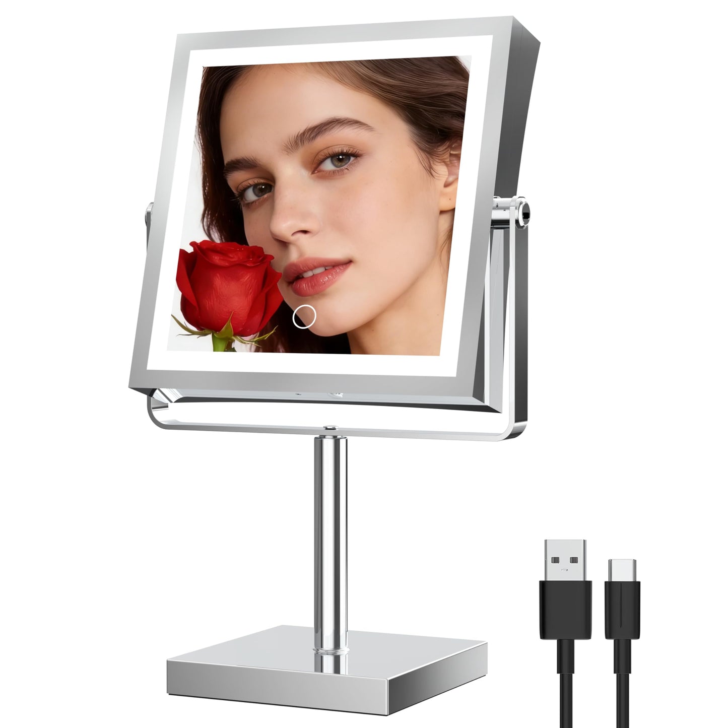 Ruacq Makeup Mirror with Lights 1X/10X Height Adjustable Matte Black | 8",4000mAh Rechargeable,Dual Sided Magnifying Vanity Mirror,3 Color Lights,Adjustable Brightness,Square,Gift for Women