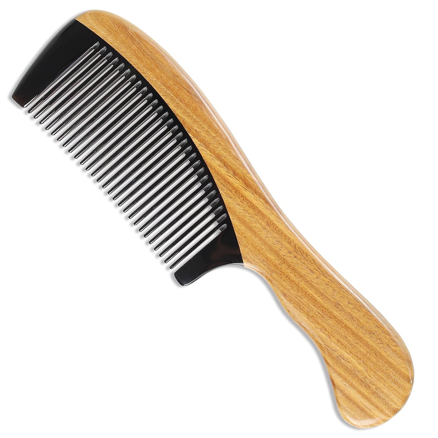 Onedor Handmade Buffalo Horn and Sandalwood Hair Combs - Anti-Static Natural Scent Wooden Detangler (Fine Tooth) | Handmade, Green Sandalwood Handle, 8 x 2 in, 0.1 in Tooth Spacing, Rounded Teeth, Helps Reduce Static, Men and Women
