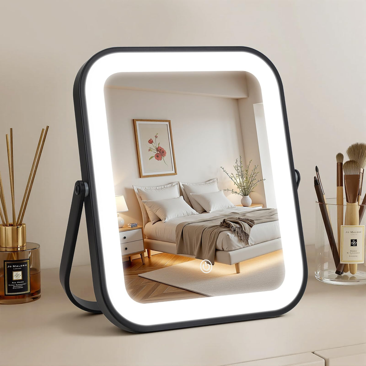 Rechargeable Vanity Mirror with Lights, 10"×8" Makeup Mirror with Lights, 1500mAH Battery, Smart Touch with 3-Color Lighting, Dimmable, HD Desk Mirror, Travel Essentials, Women Gift (White)