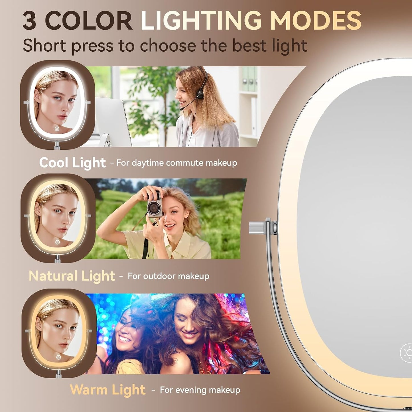 9″ Lighted Makeup Mirror with Magnification, Height Adjustable Vanity Mirror, Rechargeable Makeup Mirror with Lights- 3 Modes, 360° Swivel Double Sided 7x Magnifying Mirror, Mothers Day Gifts for Mom