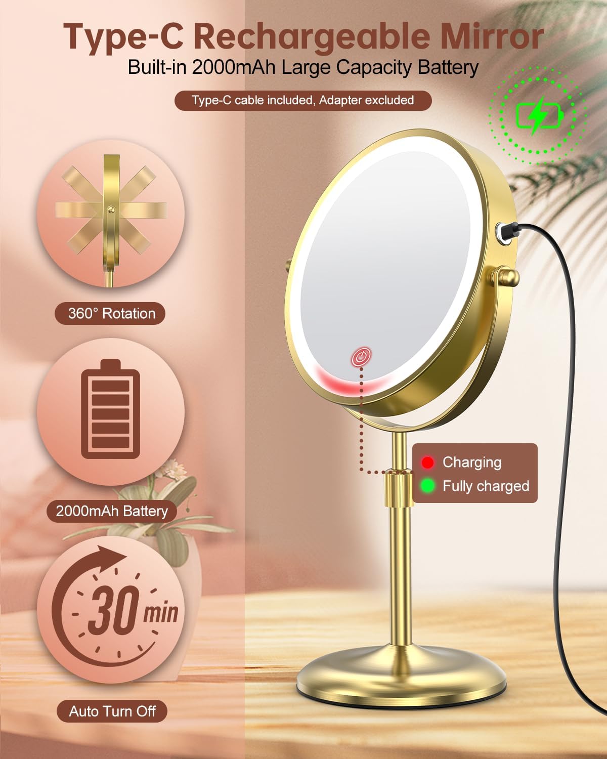 7" Lighted Makeup Mirror with 3 Color Lights & 10X Magnification, Adjustable Brightness & Height, 360° Swivel Rechargeable 10X LED Magnifying Vanity Mirror with Light, Gold
