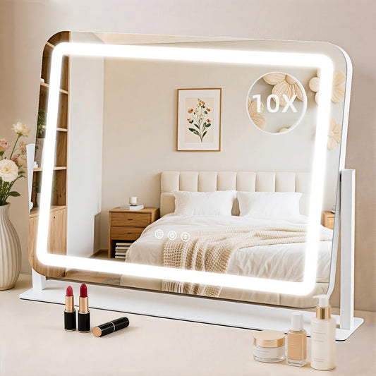 Vanity Mirror with Lights 22"x17", Lighted Makeup Mirror with 10X Magnification 4.5", 3 Color Dimmble Lights, Touch Control, 360° Rotation, Metal Frame, Women's Gift, For Bedroom/Dressing Room, White