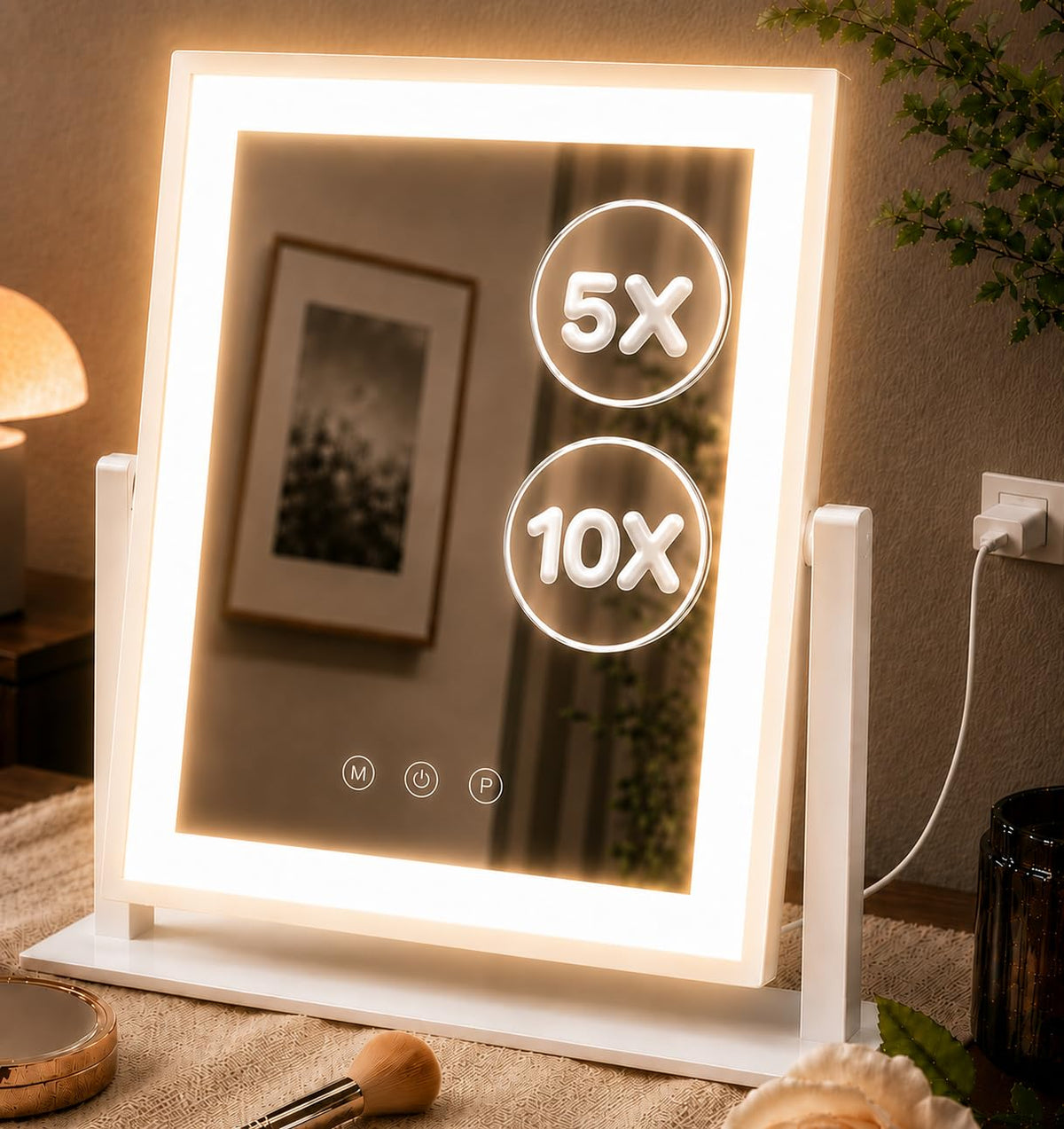Decadence 17.3 x 13 in Lighted Makeup Mirror, 10X/5X Magnifiers | Plug-in tabletop vanity mirror with 3 color lighting, dimmable touch control, 360° rotation, and removable 10X/5X magnifiers.