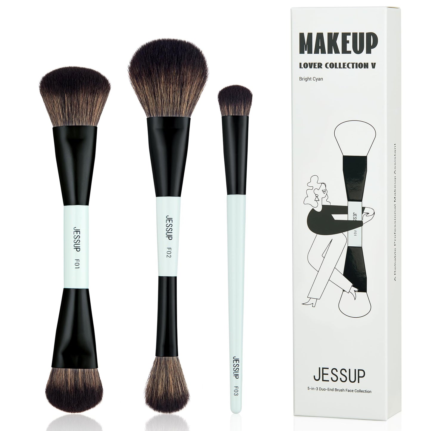 Jessup Makeup Brushes Set 10pcs, Double Sided Foundation Contour Blush Highlight Blending Eyebrow Brush Eyeshadow Eyeliner Concealer Brush, Bright Cyan Cruelty Free Cosmetic Tools T500