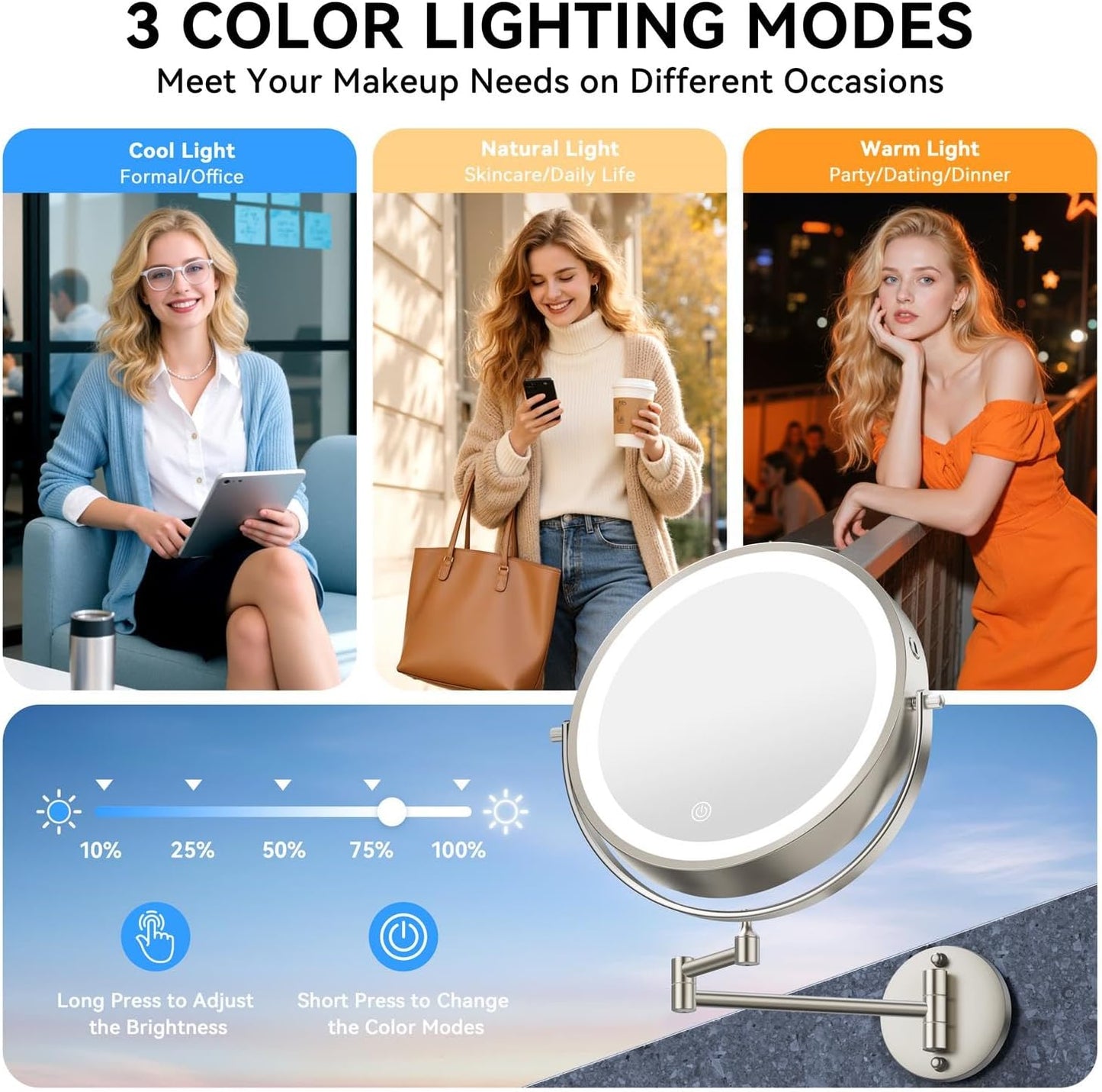 Auxmir 9″ 5000mAh 1X/30X Wall Mounted Lighted Magnifying Makeup Mirror | Power Adapter&2 Tweezers Included/ 3 Dimmable Colors/ Dual Sided Button Control/ Rechargeable/ 360° Rotation/ Nickel