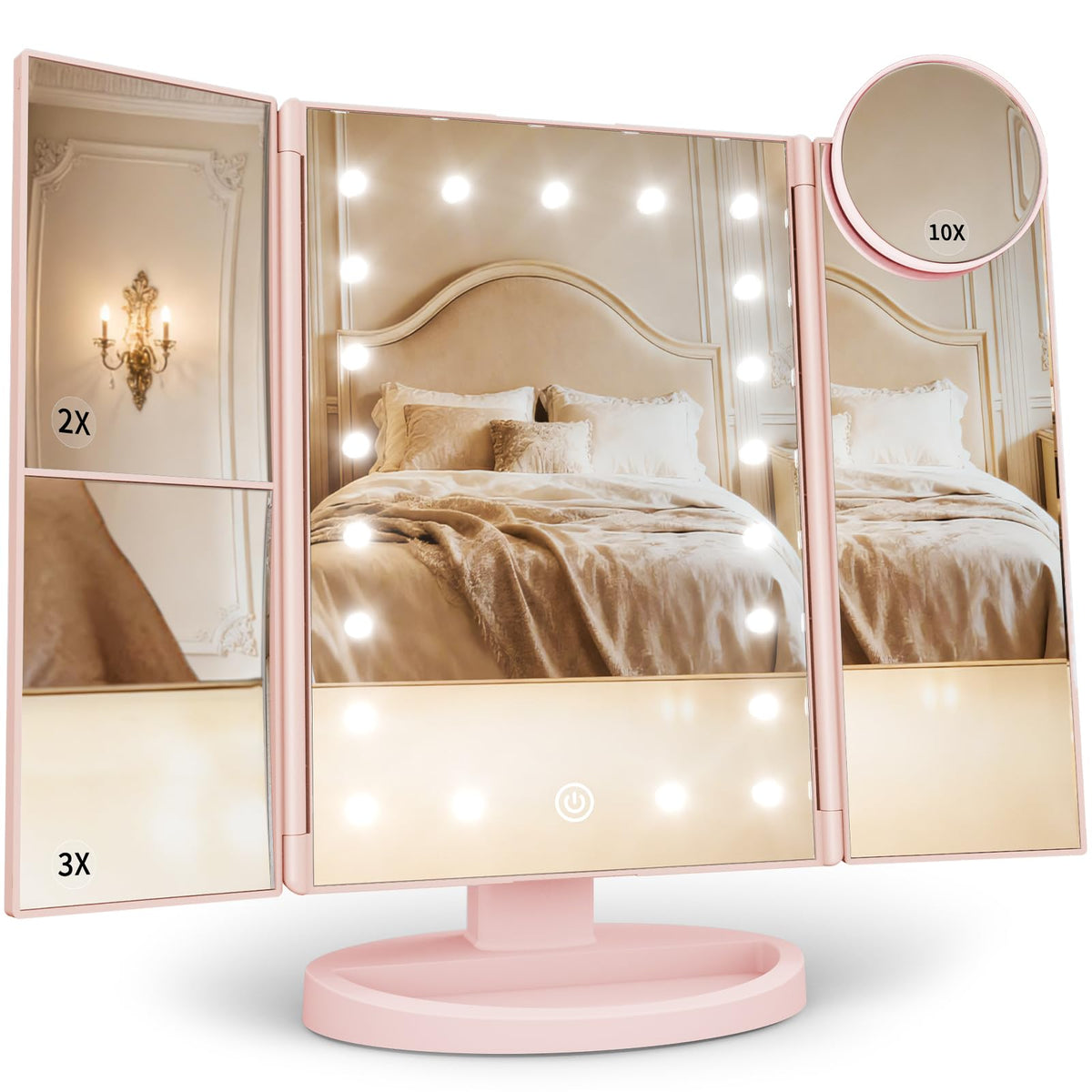 HUONUL 2X/3X/10X Magnifying Vanity Mirror with Light, Trifold Makeup Mirror | Touch Dimming, Dual Power, Clear View for Makeup, Skincare. Dorm Room Essentials. Birthday Gifts for Women, Mom, Wife, Girls