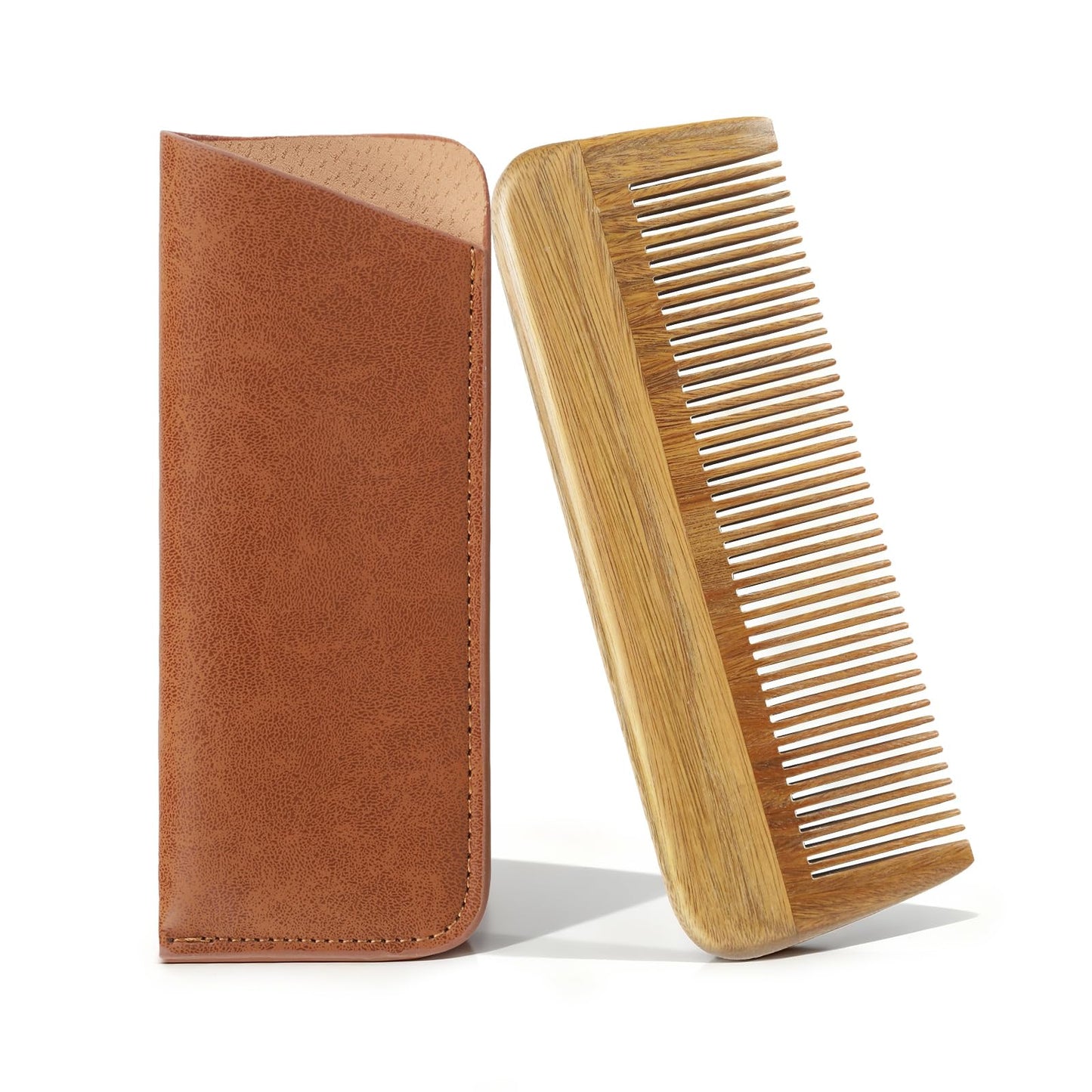 Onedor Handmade 100% Natural Green Sandalwood Wooden Comb for Men Hair, Beard, and Mustache Styling Pocket Comb With Leather Case (Long)