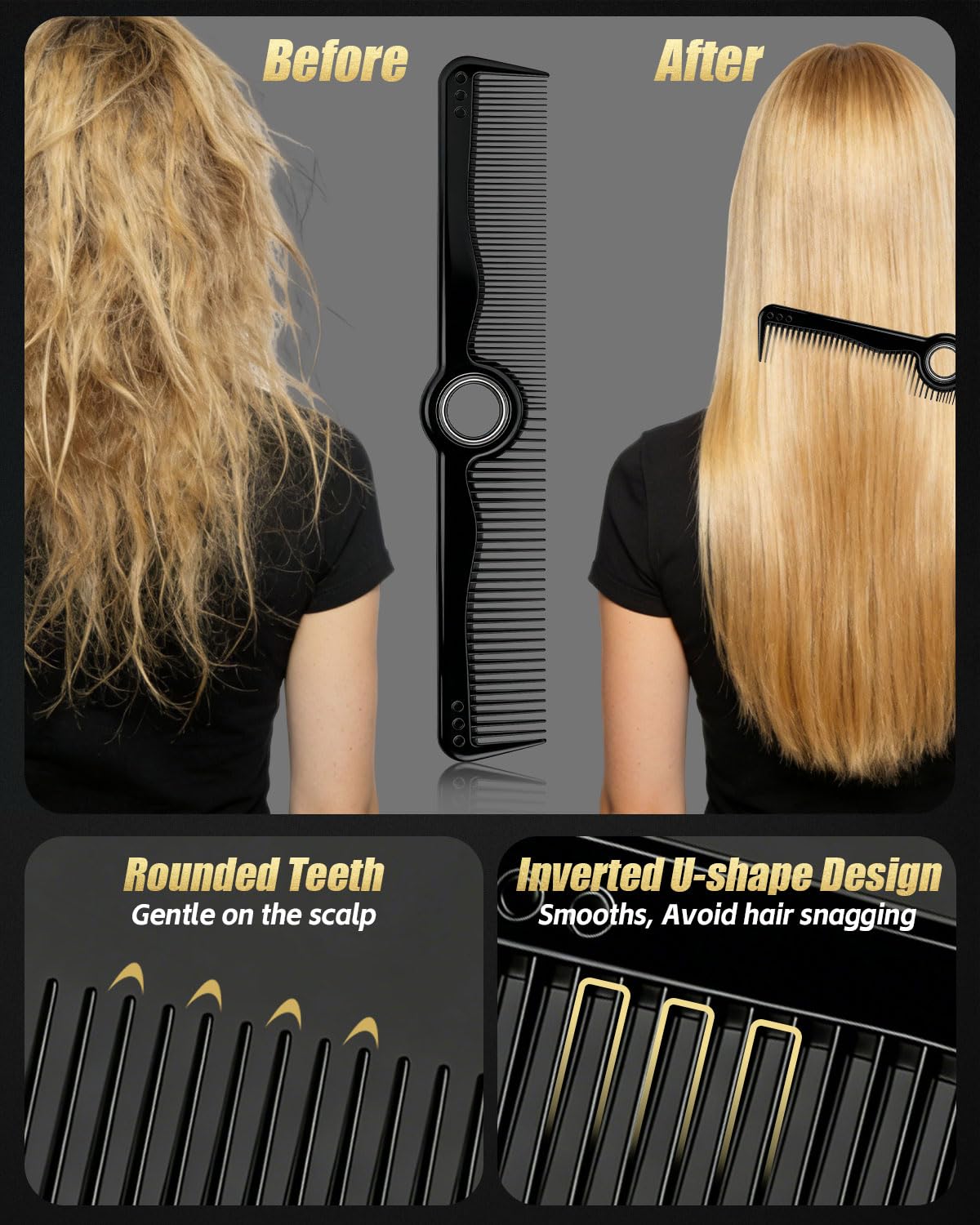 Rotatable Hair Comb, 8" Fine & Wide Tooth Comb with Bonus 9" Rat Tail Comb | Professional Hair Comb for Men Women, Carbon Fiber + ABS, Rounded Teeth, Heat Resistant for Hair Stylists, Barbers