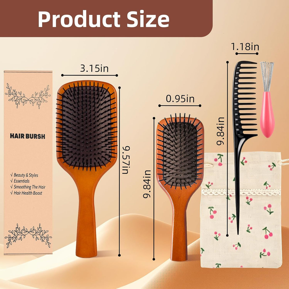 Wooden Hair Brush –Detangling Air Cushion Paddle, Anti-Static, Reduces Breakage, for Curly & Straight Hair, Wet & Dry Use for Women Men All Hair Types