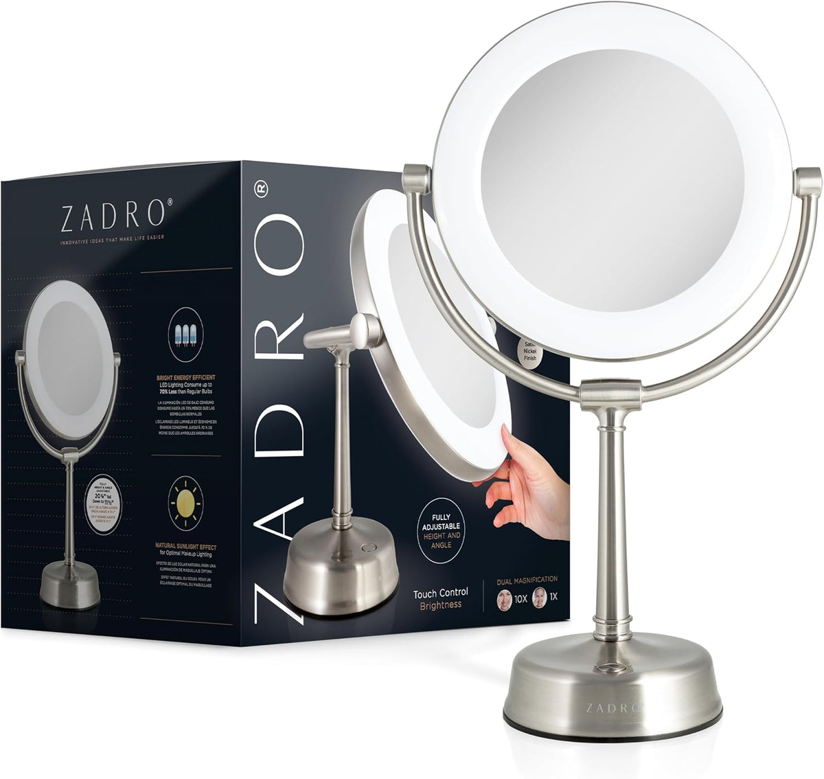 Zadro Lexington LED Lighted Makeup Mirror with Magnification Two-Sided Swivel Mirror with Lights for Makeup Desk Vanity (10X/1X, 12" W x 20" H, 10" Head, 7.5" Mirror, Satin Nickel)