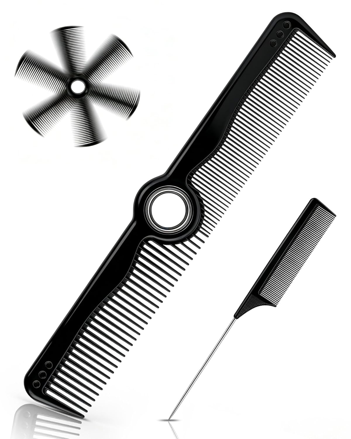 Rotatable Hair Comb, 8" Fine & Wide Tooth Comb with Bonus 9" Rat Tail Comb | Professional Hair Comb for Men Women, Carbon Fiber + ABS, Rounded Teeth, Heat Resistant for Hair Stylists, Barbers