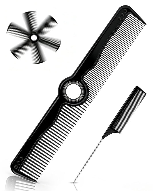 Rotatable Hair Comb, 8" Fine & Wide Tooth Comb with Bonus 9" Rat Tail Comb | Professional Hair Comb for Men Women, Carbon Fiber + ABS, Rounded Teeth, Heat Resistant for Hair Stylists, Barbers