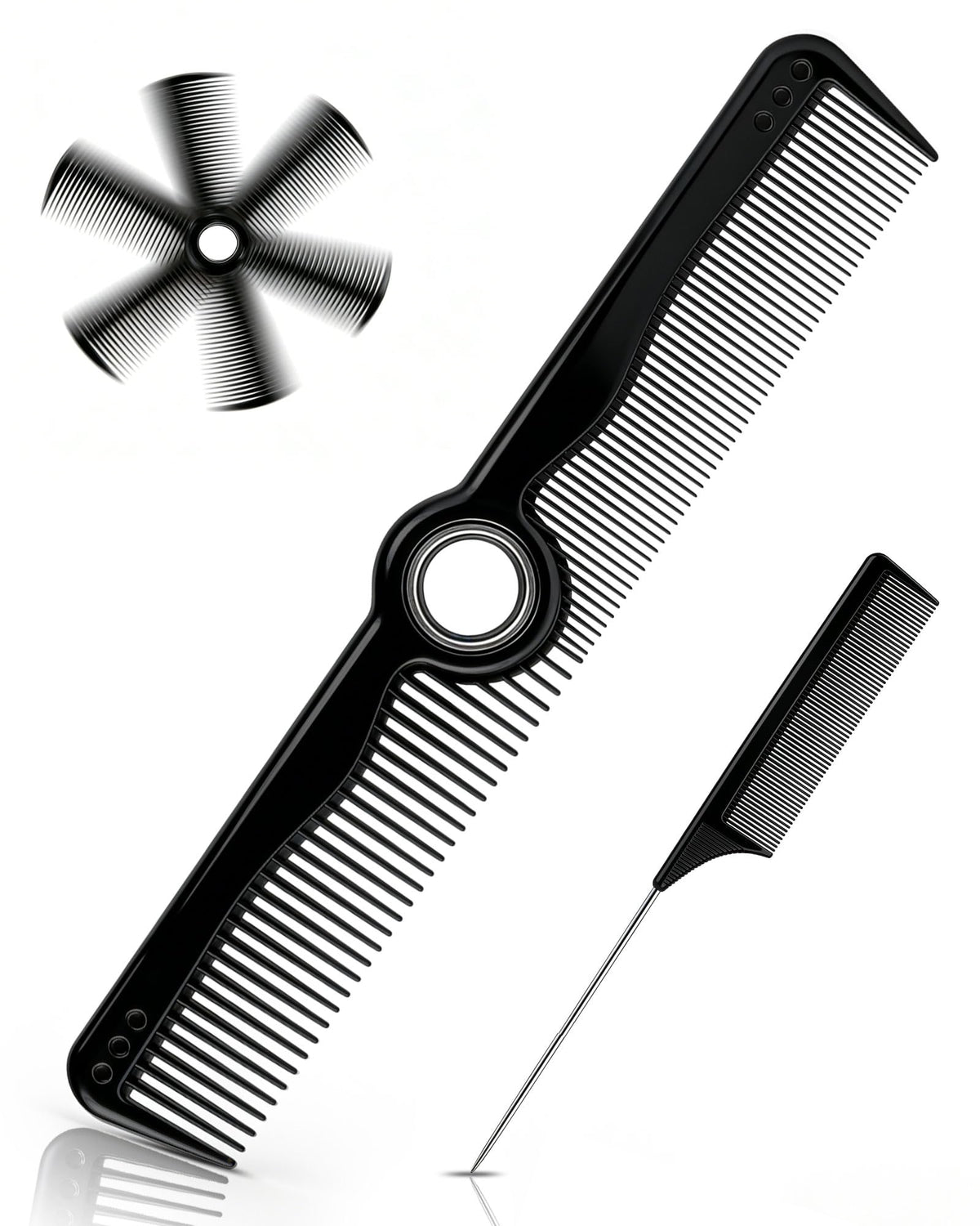 Rotatable Hair Comb, 8" Fine & Wide Tooth Comb with Bonus 9" Rat Tail Comb | Professional Hair Comb for Men Women, Carbon Fiber + ABS, Rounded Teeth, Heat Resistant for Hair Stylists, Barbers