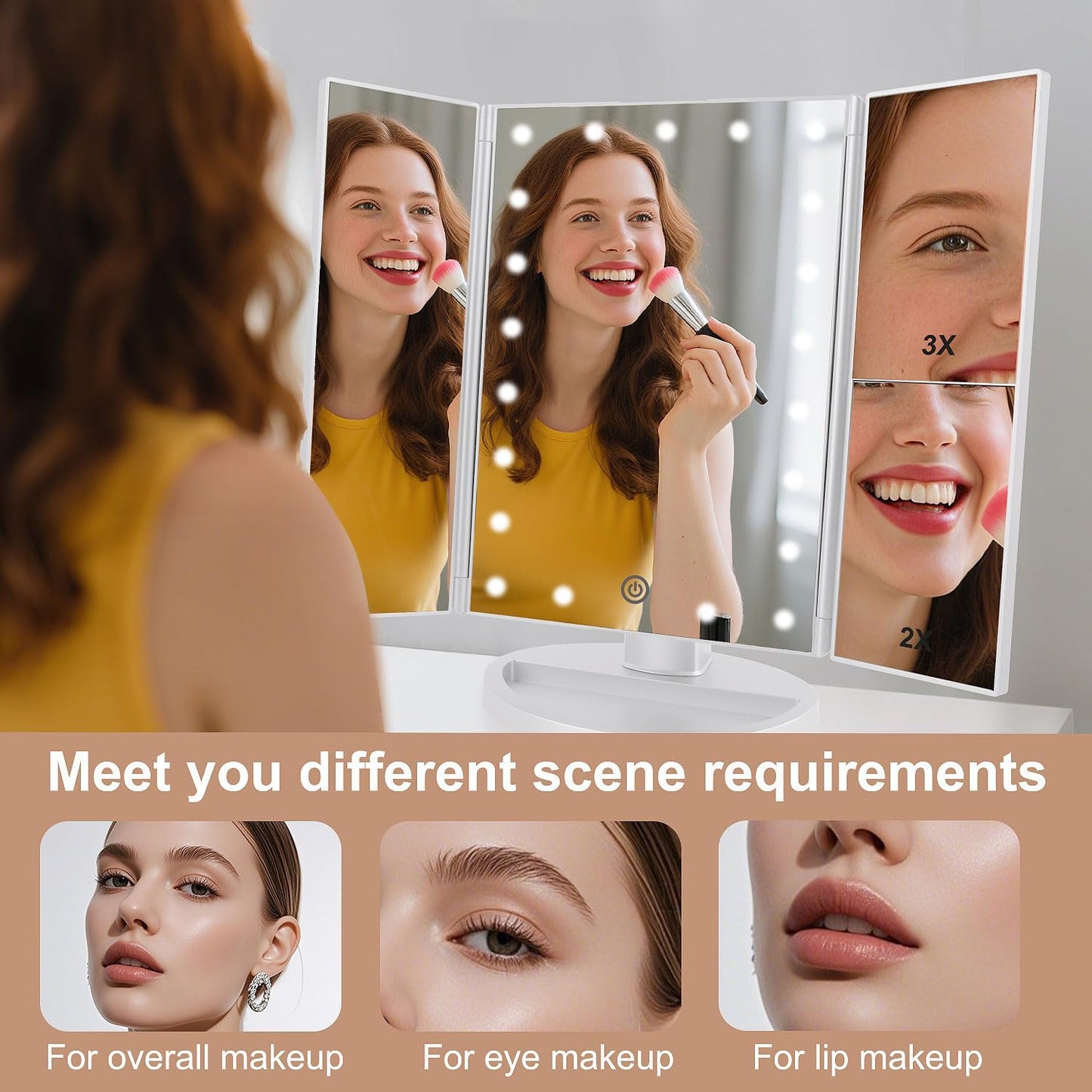 Floor Mount Tri-Fold Lighted Vanity Mirror with 21 LED Lights, Touch Screen and 3X/2X/1X Magnification, Two Power Supply Modes Make Up Mirror,Travel Mirror