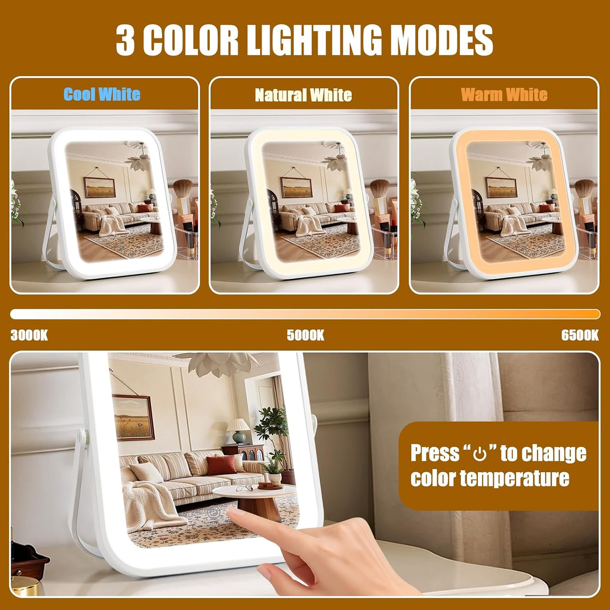 Rechargeable Vanity Mirror with Lights, 10"×8" Makeup Mirror with Lights, 1500mAH Battery, Smart Touch with 3-Color Lighting, Dimmable, HD Desk Mirror, Travel Essentials, Women Gift (White)