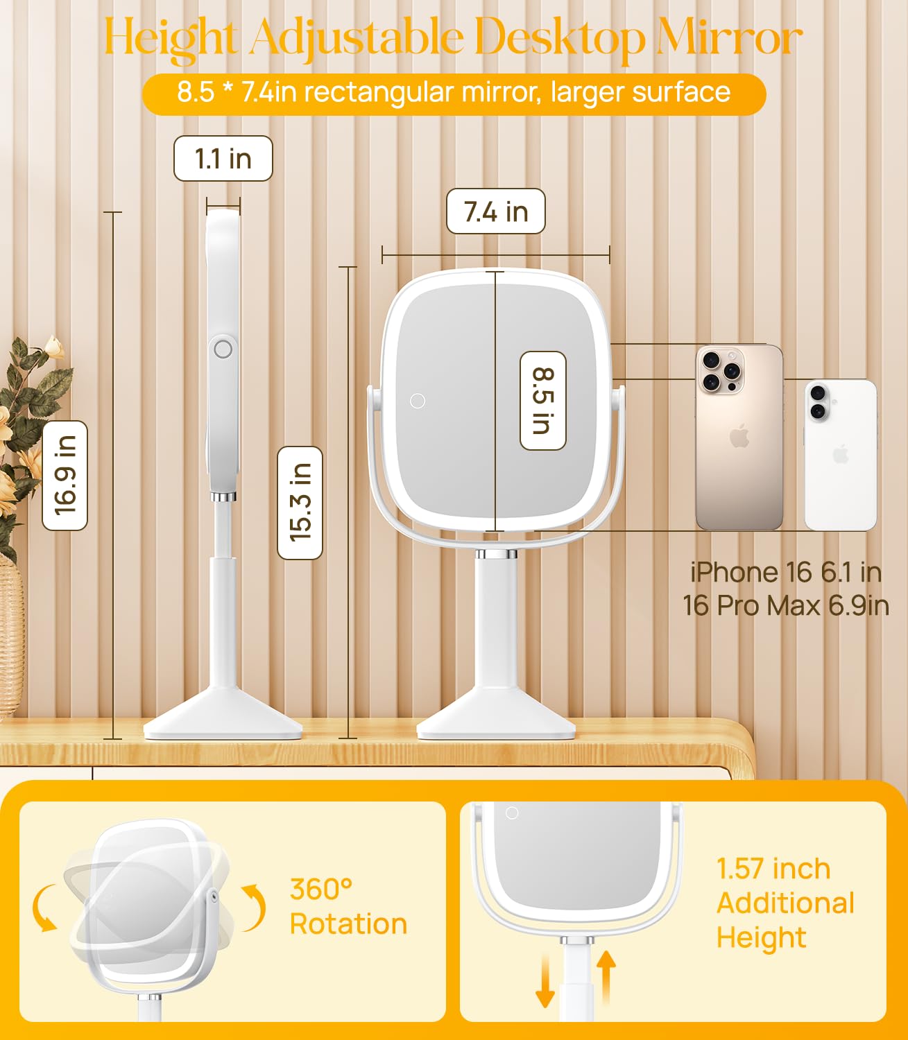 Gospire Rectangle Lighted Makeup Mirror with Lights 1X/7X Magnifying Mirror | Height Adjustable, 4000mAh Rechargeable for Bedroom, 8.5”x7.4” Large Surface, Stepless Dimming - White