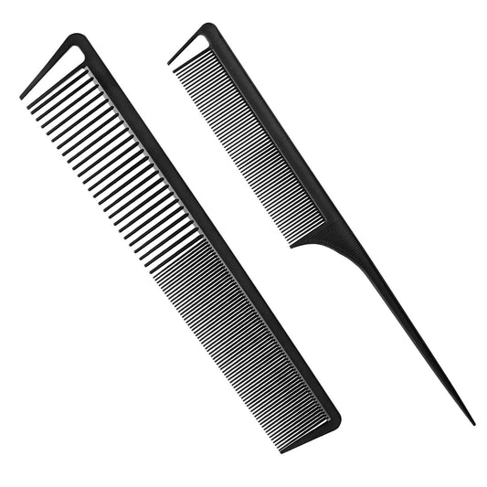 2-Pack Professional Black Teasing Comb | Fine & Wide Tooth + Rat-Tail Hair Styling Comb for All Hair Types