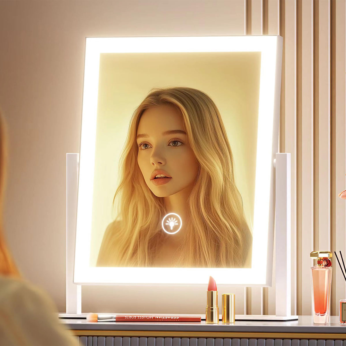 Gvnkvn Lighted Makeup Mirror, Hollywood Vanity Mirror with Lights, Three Color Lighting Modes, and Detachable 10X Magnification Mirror, Smart Touch Control, 360°Rotation (15.2in. Gold)