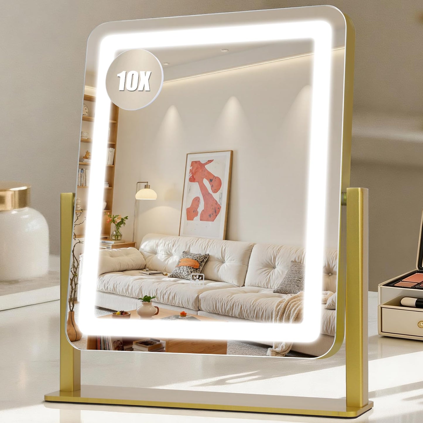 Rechargeable Vanity Mirror with Lights, 10"×8" Makeup Mirror with Lights, 1500mAH Battery, Smart Touch with 3-Color Lighting, Dimmable, HD Desk Mirror, Travel Essentials, Women Gift (White)