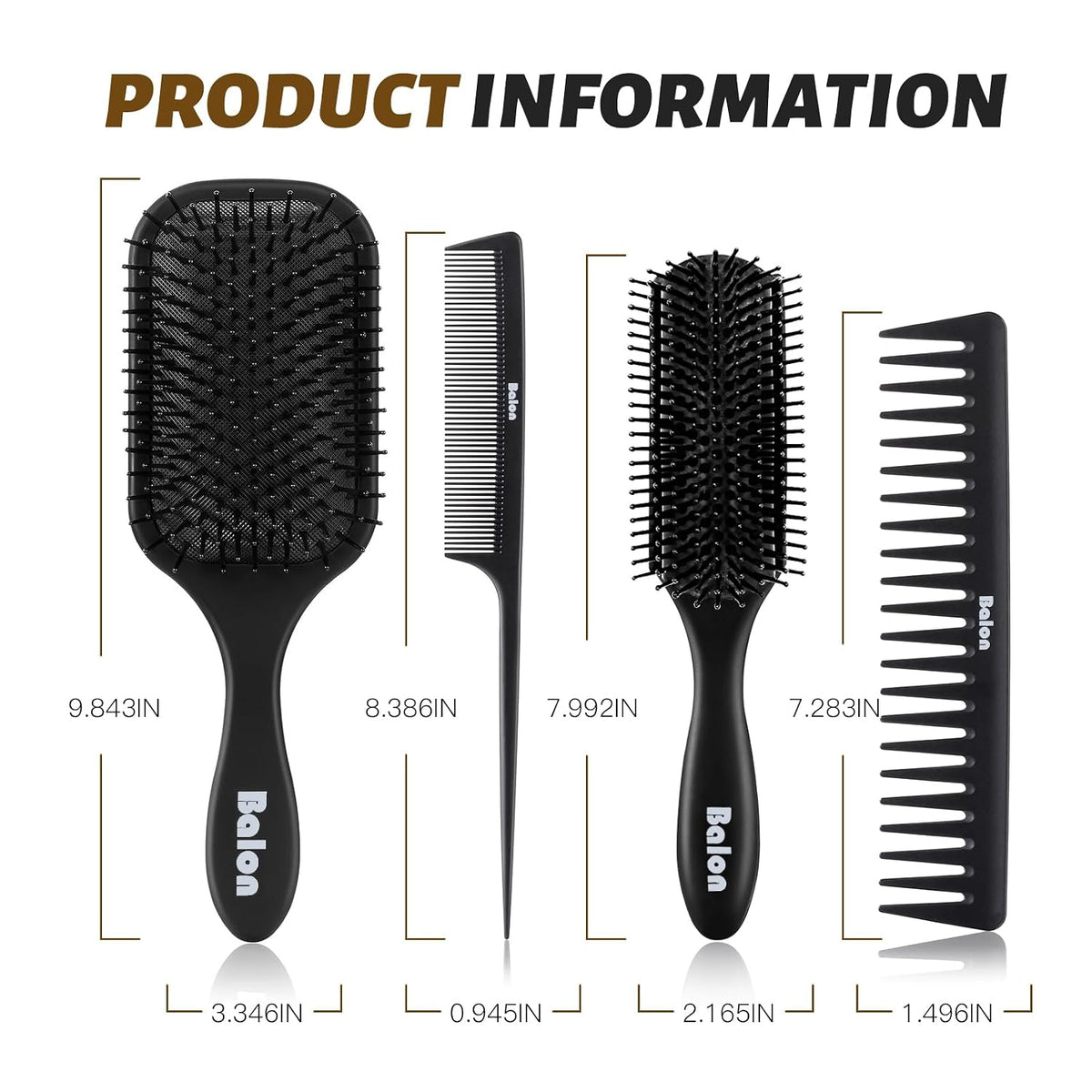 Hair Brush and Comb Set Detangling Styling, Wet-Hair Combing Sectioning | Paddle brush, Styling brush, Wide-tooth & tail comb, Anti-static, Soft bristles gently detangle, Massage scalp, Boost shine