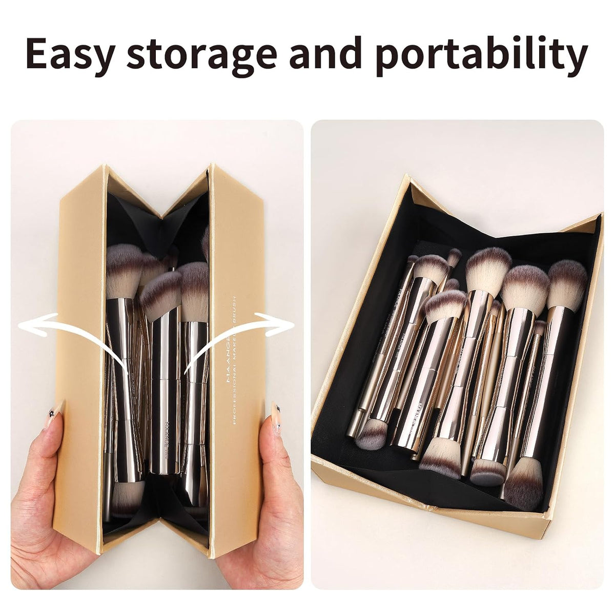 MAANGE 20 Pcs Makeup Brushes with Gift Box, Double-End Multi-functional Makeup Brushes for Blending Liquid Powder Concealer Cream Blush Buffe,Champagne