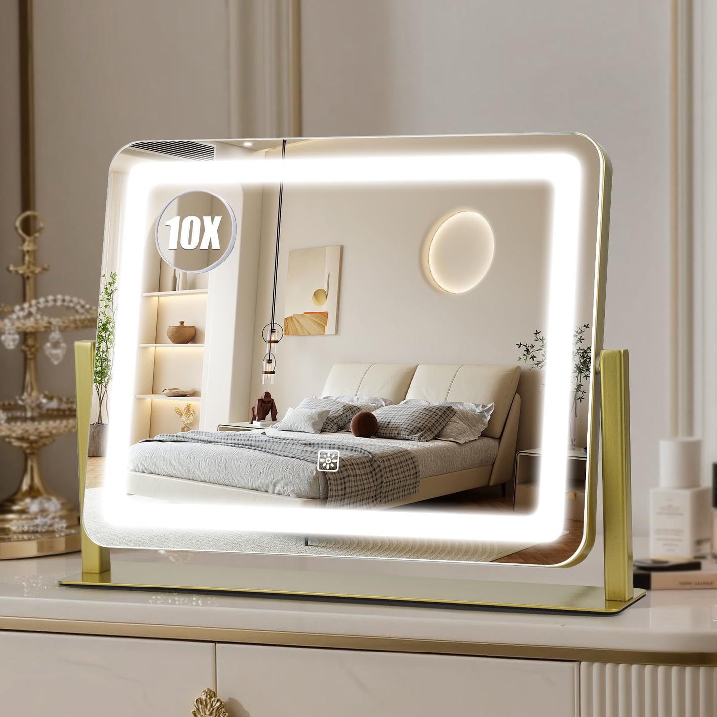 Rechargeable Vanity Mirror with Lights, 10"×8" Makeup Mirror with Lights, 1500mAH Battery, Smart Touch with 3-Color Lighting, Dimmable, HD Desk Mirror, Travel Essentials, Women Gift (White)