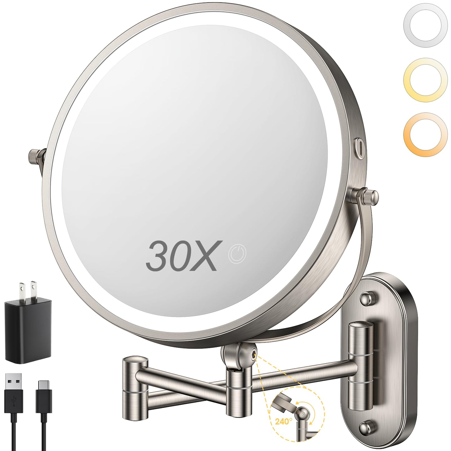 ZLOKLA 9" Wall Mounted Lighted Makeup Mirror,4000mAh Rechargeable Double Sided 1X/30X Magnifying Mirror with Light,Touch Dimmable,Extended Arm 360 Rotation Wall Mounted Makeup Mirror 3 Color Lights-N