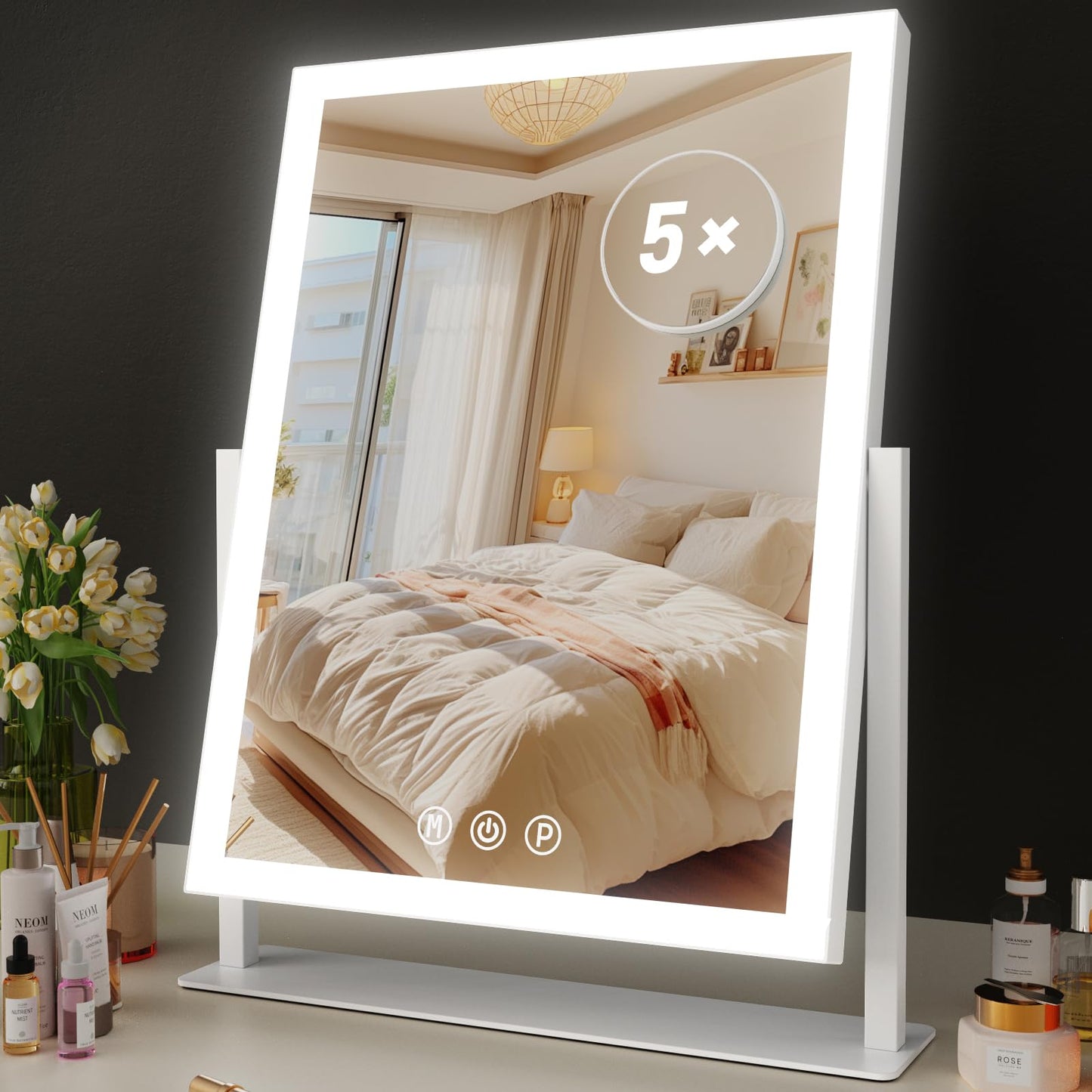 Gvnkvn Lighted Makeup Mirror, Hollywood Vanity Mirror with Lights, Three Color Lighting Modes, and Detachable 10X Magnification Mirror, Smart Touch Control, 360°Rotation (15.2in. Gold)