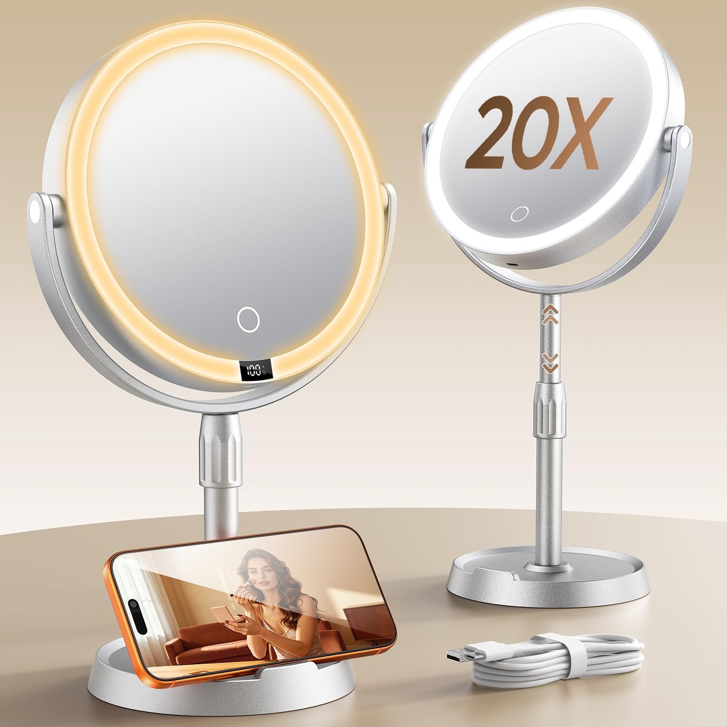 7" ABS Lighted Makeup Mirror with Lights, 1X/20X Magnifying Mirror with Light and Digital Display, 2.6in Height Adjustable, Rechargeable, 3 Color Modes for Makeup & Shaving, Easy to Detach, Women Gift