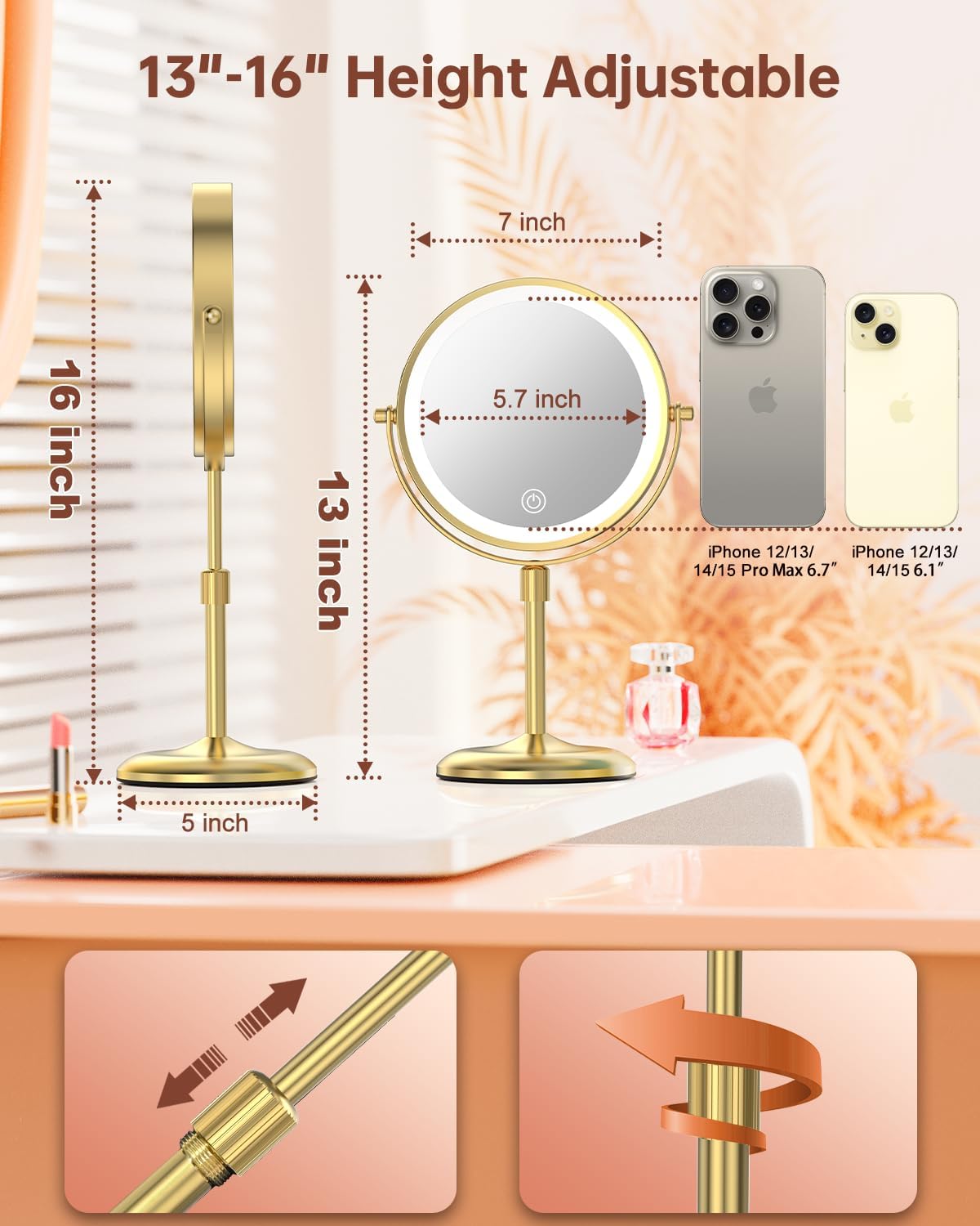7" Lighted Makeup Mirror with 3 Color Lights & 10X Magnification, Adjustable Brightness & Height, 360° Swivel Rechargeable 10X LED Magnifying Vanity Mirror with Light, Gold