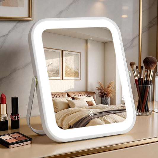 Rechargeable Vanity Mirror with Lights, 10"×8" Makeup Mirror with Lights, 1500mAH Battery, Smart Touch with 3-Color Lighting, Dimmable, HD Desk Mirror, Travel Essentials, Women Gift (White)