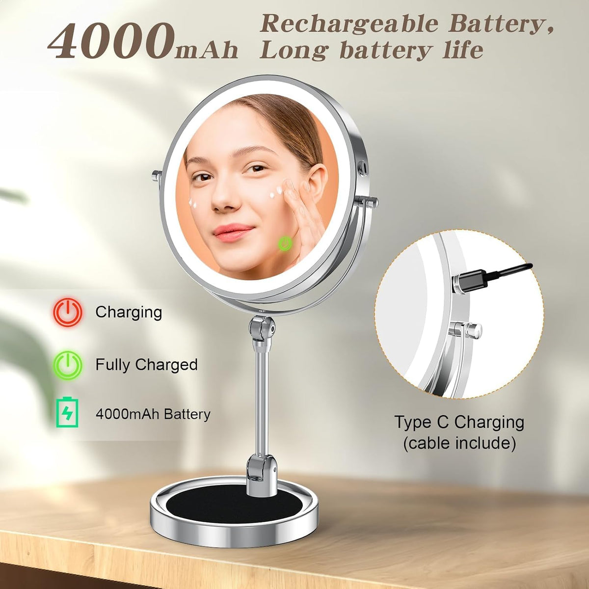 Tabletop Makeup Mirror with Built-in Vanity Tray, 9" Rechargeable 4000mAh Lighted Vanity Mirror 1X/10X Magnification, Height-Adjustable Arm, 3 Color Dimmable (9Inch Chrome)