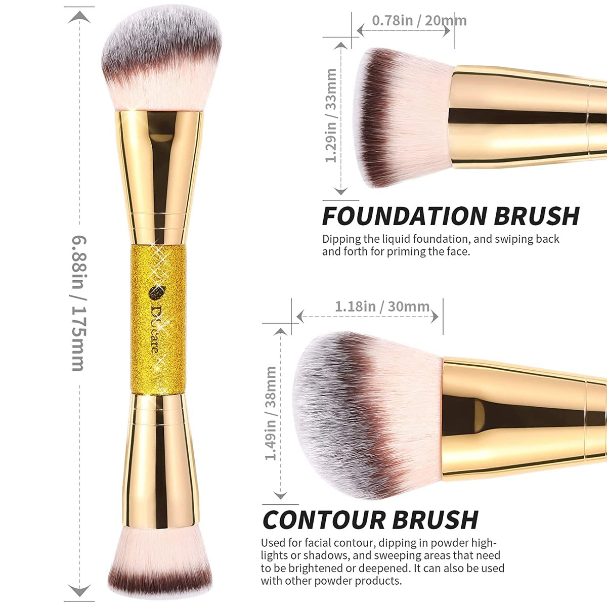 DUcare Dual-Ended Foundation Brush | Flat Top Kabuki & Angled makeup brushes, 100% Vegan Synthetic Makeup Brush for Flawless Blending Liquid, Powder, Cream, Blush