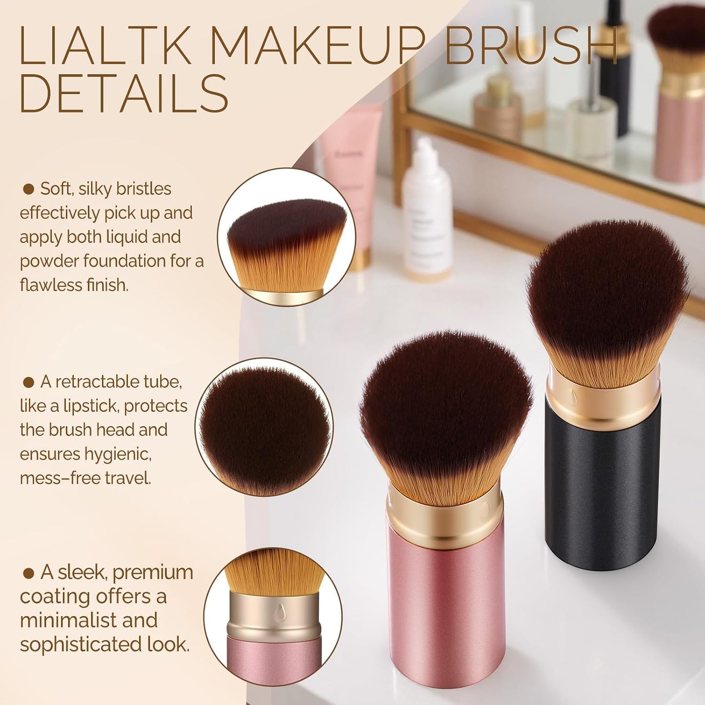 Angled Kabuki Brush with Retractable Desige For Professional makeup | Flawless Application of Foundation,Powder,Blush,Bronzer With Aluminium Body, Non-Toxic Bristles,Cream&liquid cosmetics(Black)