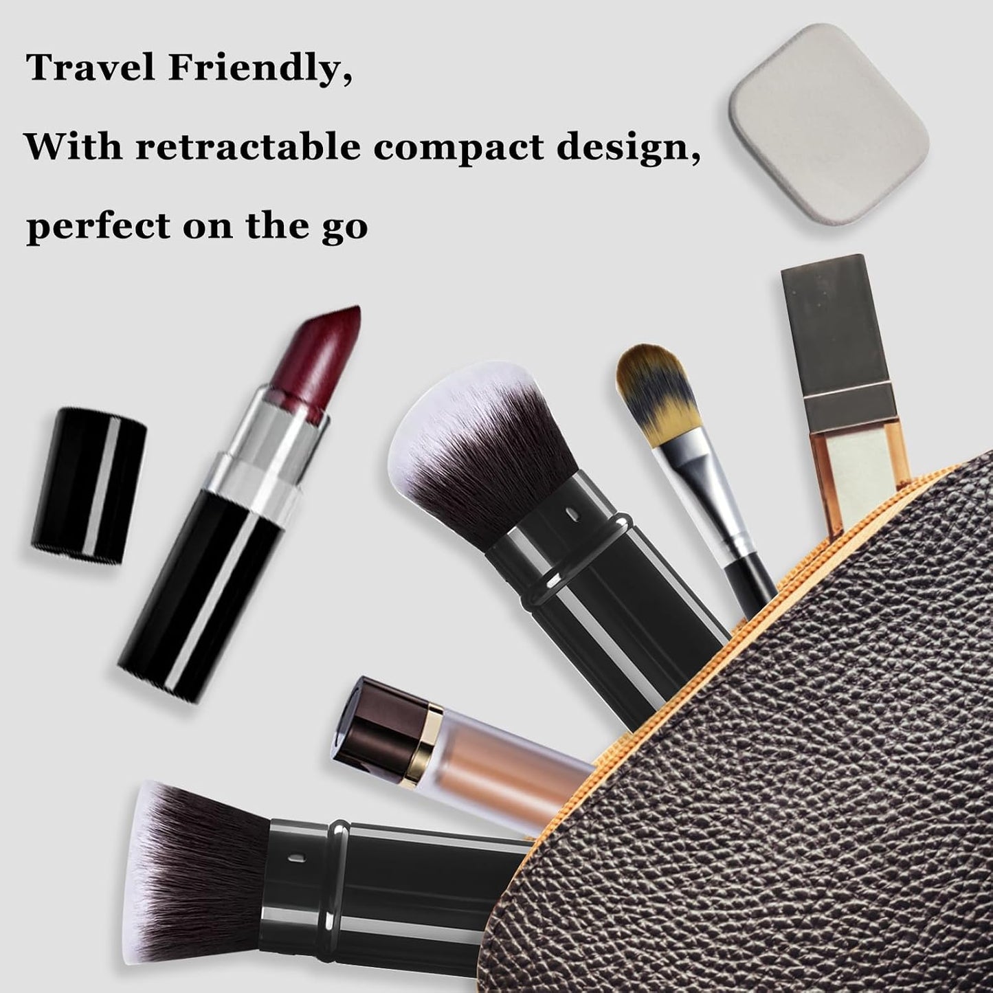 Retractable Kabuki Brush, 2 Pack Travel Foundation Face Makeup Brush Set | Powder Makeup Brushes for Blush, Liquid, Cream, Cosmetics, Loose Powder, Bronzer, with Aluminum Handle, Cover