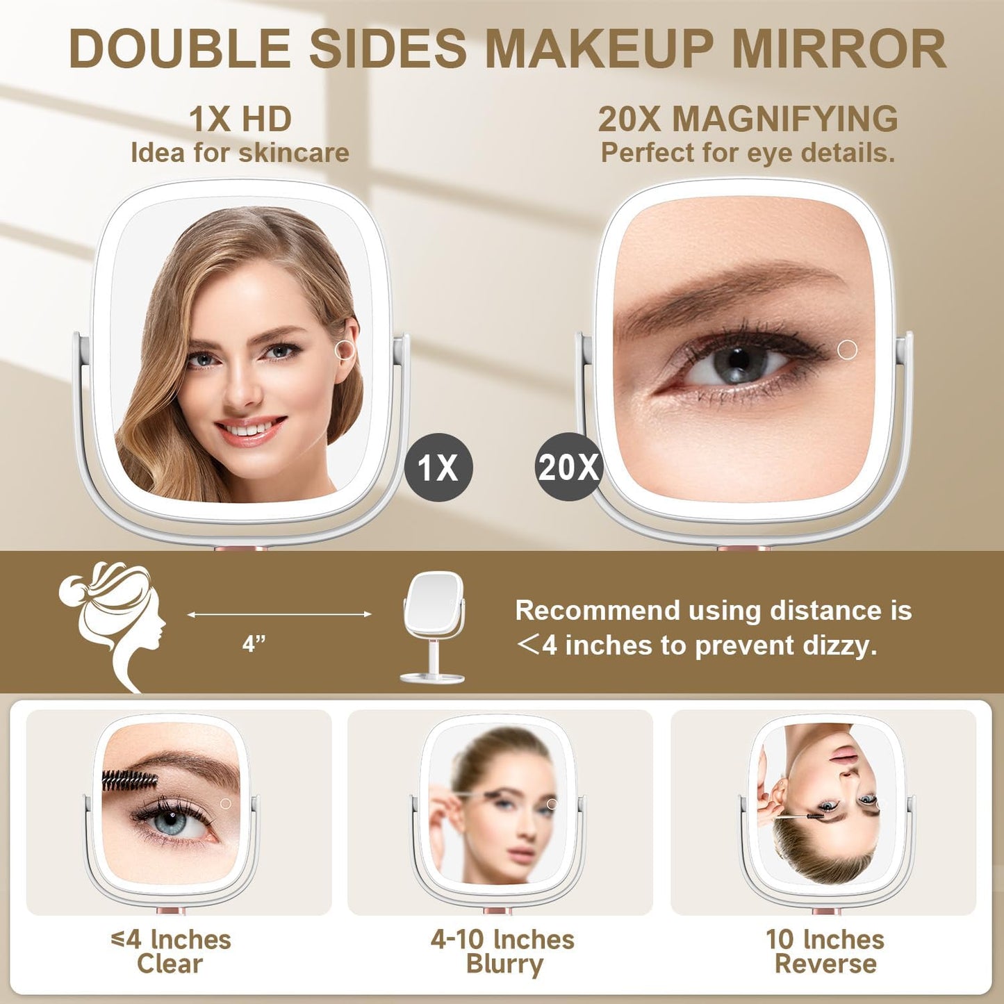 Mocado Makeup Mirror with Lights, 1X/20X Magnifying Mirror with Light | 3 Colors Lights, Phone Holder, 360° Rotation, Height Adjustable, 0-100% Brightness Adjustable, Memory Function (White)