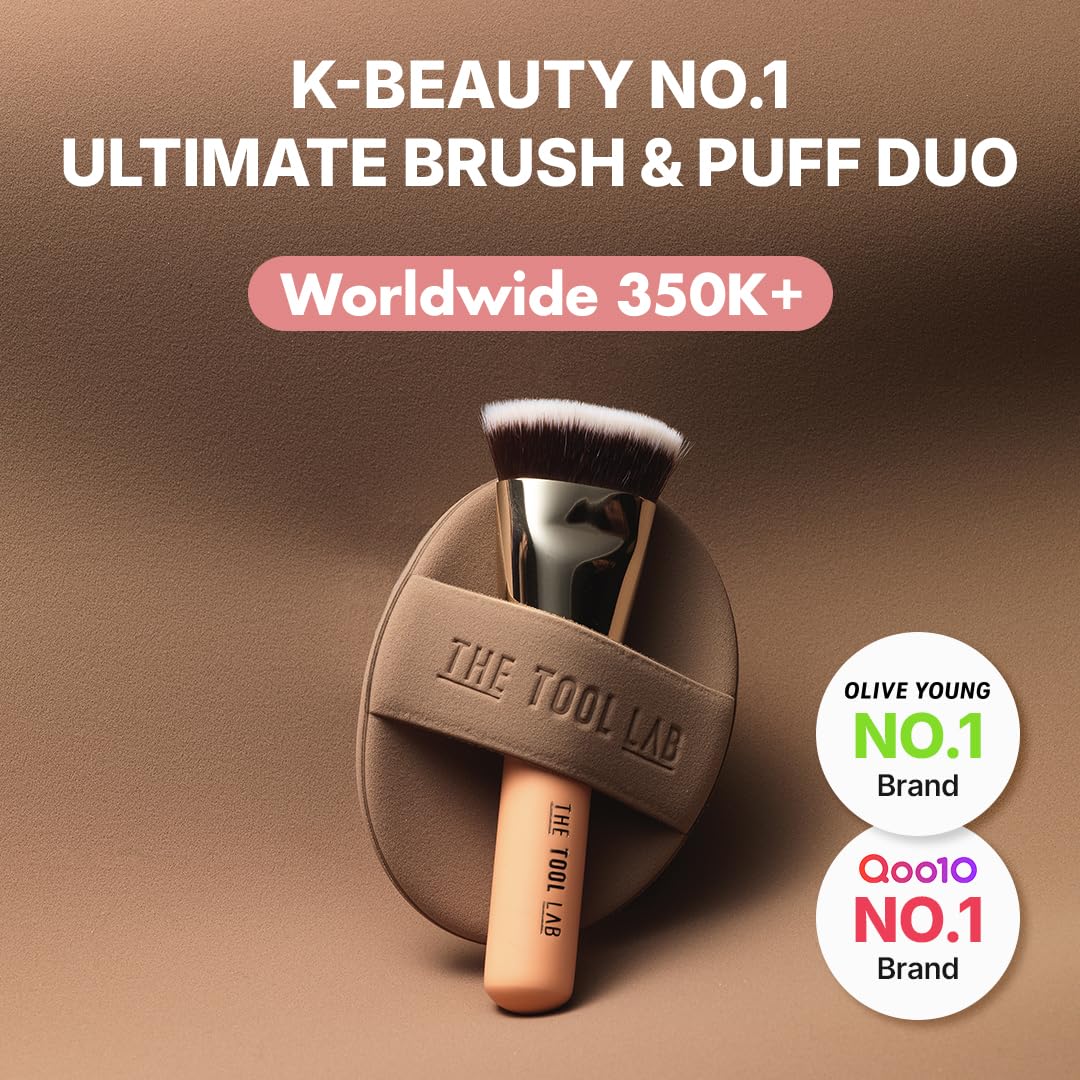 THE TOOL LAB All Day Fitting Duo (Glow type) - Premium Base Makeup Set for Liquid Cream Powder Foundation, Buffing Blending Face Brush, Sponge, Portable Case - 1.1" Flat Top Brush