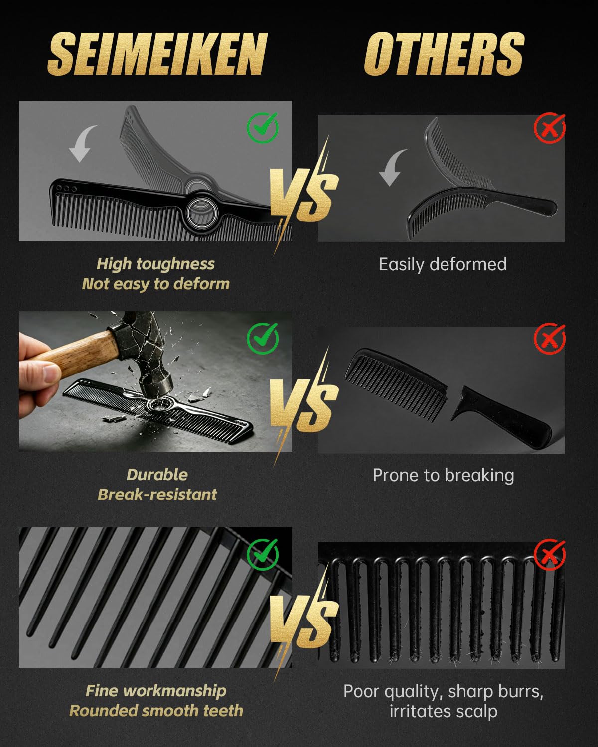 Rotatable Hair Comb, 8" Fine & Wide Tooth Comb with Bonus 9" Rat Tail Comb | Professional Hair Comb for Men Women, Carbon Fiber + ABS, Rounded Teeth, Heat Resistant for Hair Stylists, Barbers