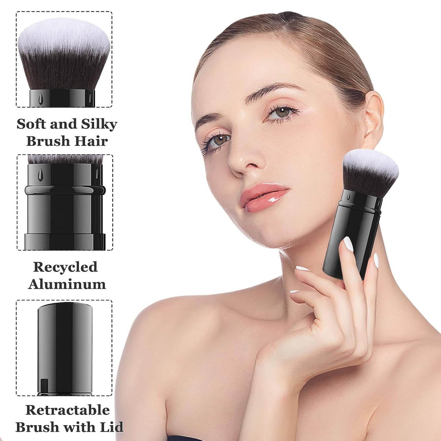 Retractable Kabuki Brush, Travel Powder Face Makeup Brushes | Portable Flawless Makeup Brush for Foundation, Blush, Bronzer, Buffing, Cruelty Free with Cover, Aluminum Handle