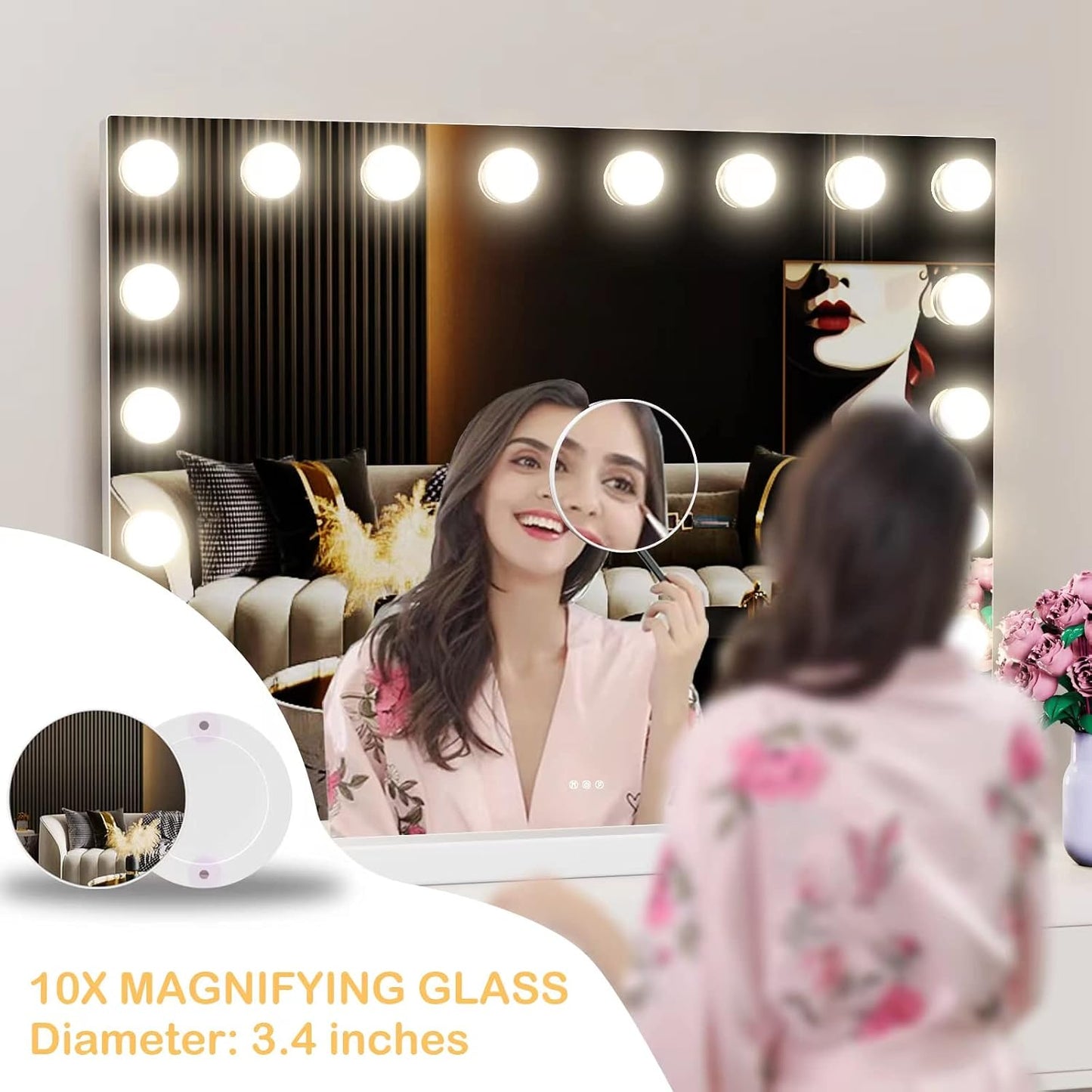 Gvnkvn Vanity Mirror with Lights, 32 x 24 Tabletop Hollyhood Makeup Mirror, Hollywood Lighted Mirror with 18 Dimmable LED Bulbs,3 Colors Modes,Touch Control,Metal Frame,