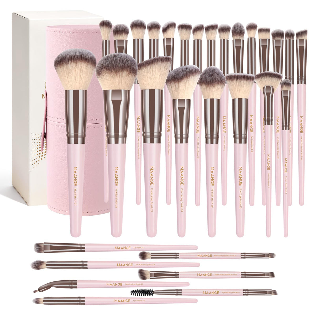 MAANGE 30 Pcs Professional Makeup Brush Set with Travel Case – Kabuki, Foundation, Powder, Blush,Blending& Eyeshadow Brushes, Labeled for Gift-Ready Box,Champagne