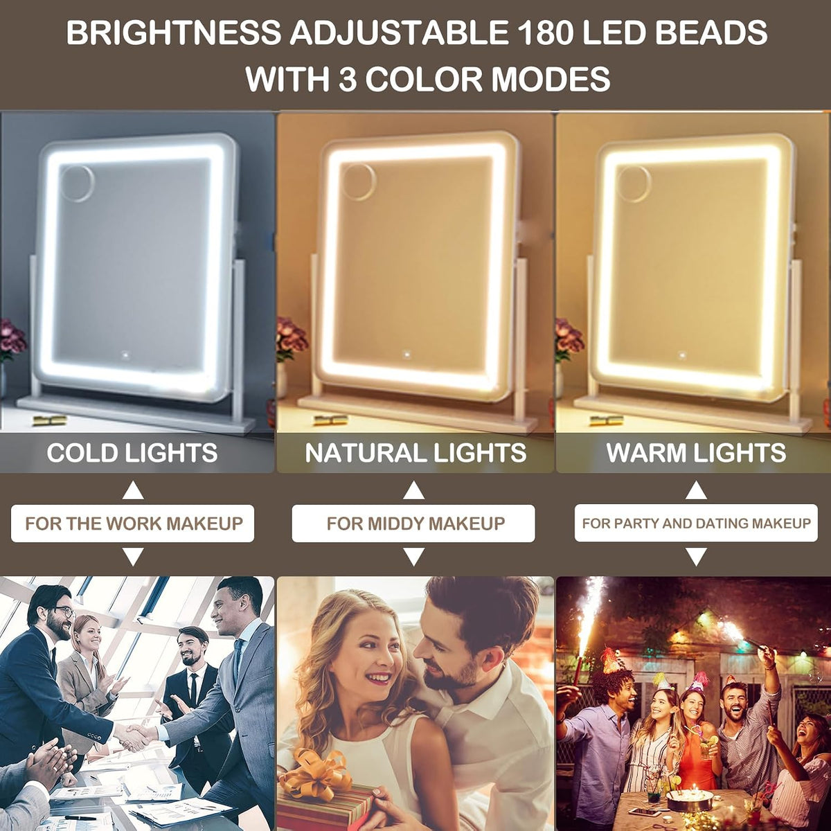 Gvnkvn Lighted Makeup Mirror, Hollywood Vanity Mirror with Lights, Three Color Lighting Modes, and Detachable 10X Magnification Mirror, Smart Touch Control, 360°Rotation (15.2in. Gold)