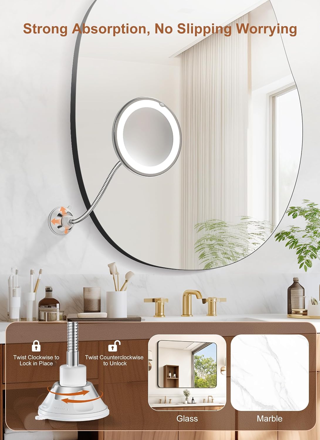 10x Magnifying Mirror with Light, Flexible Gooseneck Travel Make up Mirror | Wall Mount Mirror with Lights and Magnification, Battery Operated Cordless with Suction Cups for Bathroom Silver 1 Lighting